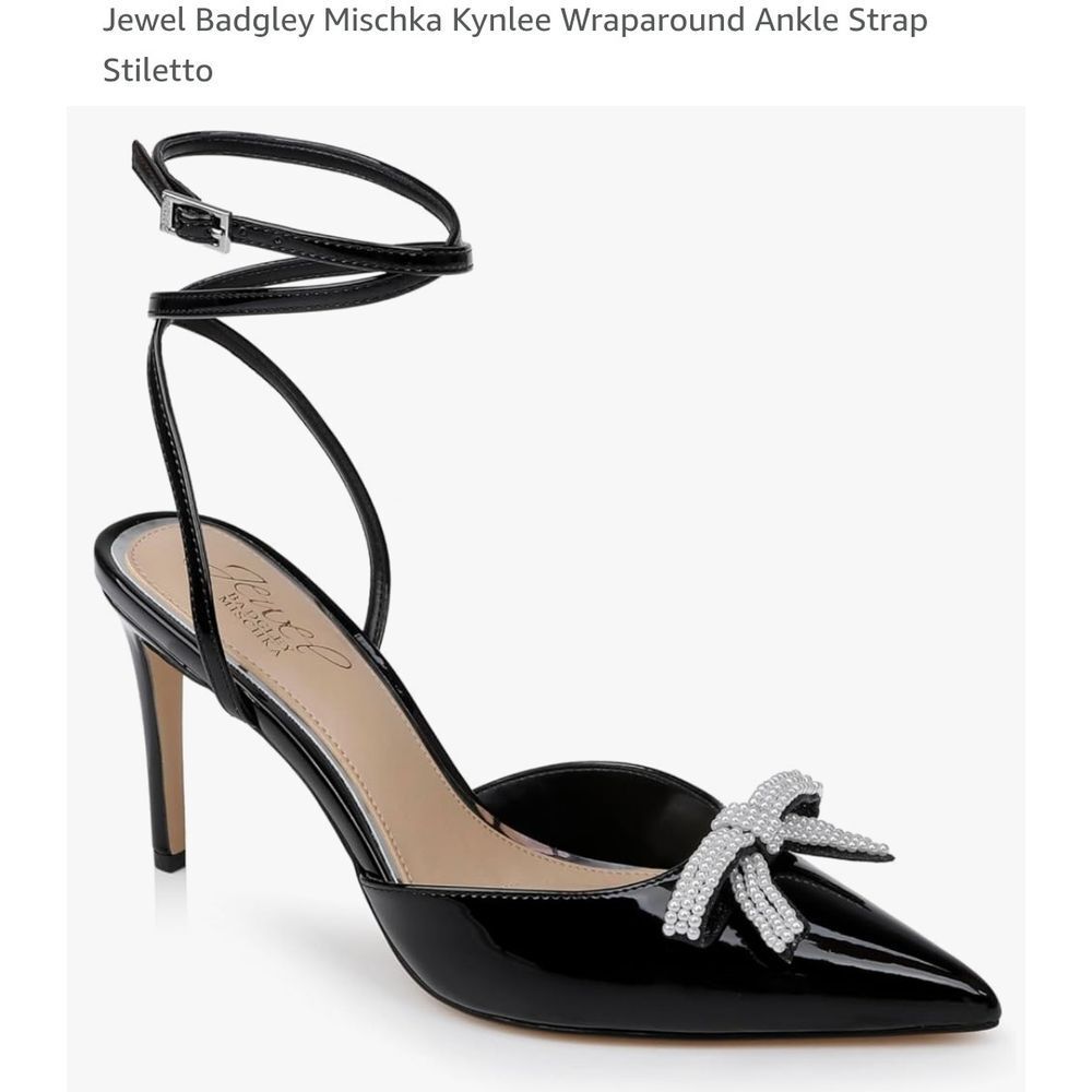 Jewel Badgley Mischka Kynlee Black Patent Leather Stiletto Heel with Crystal Bow